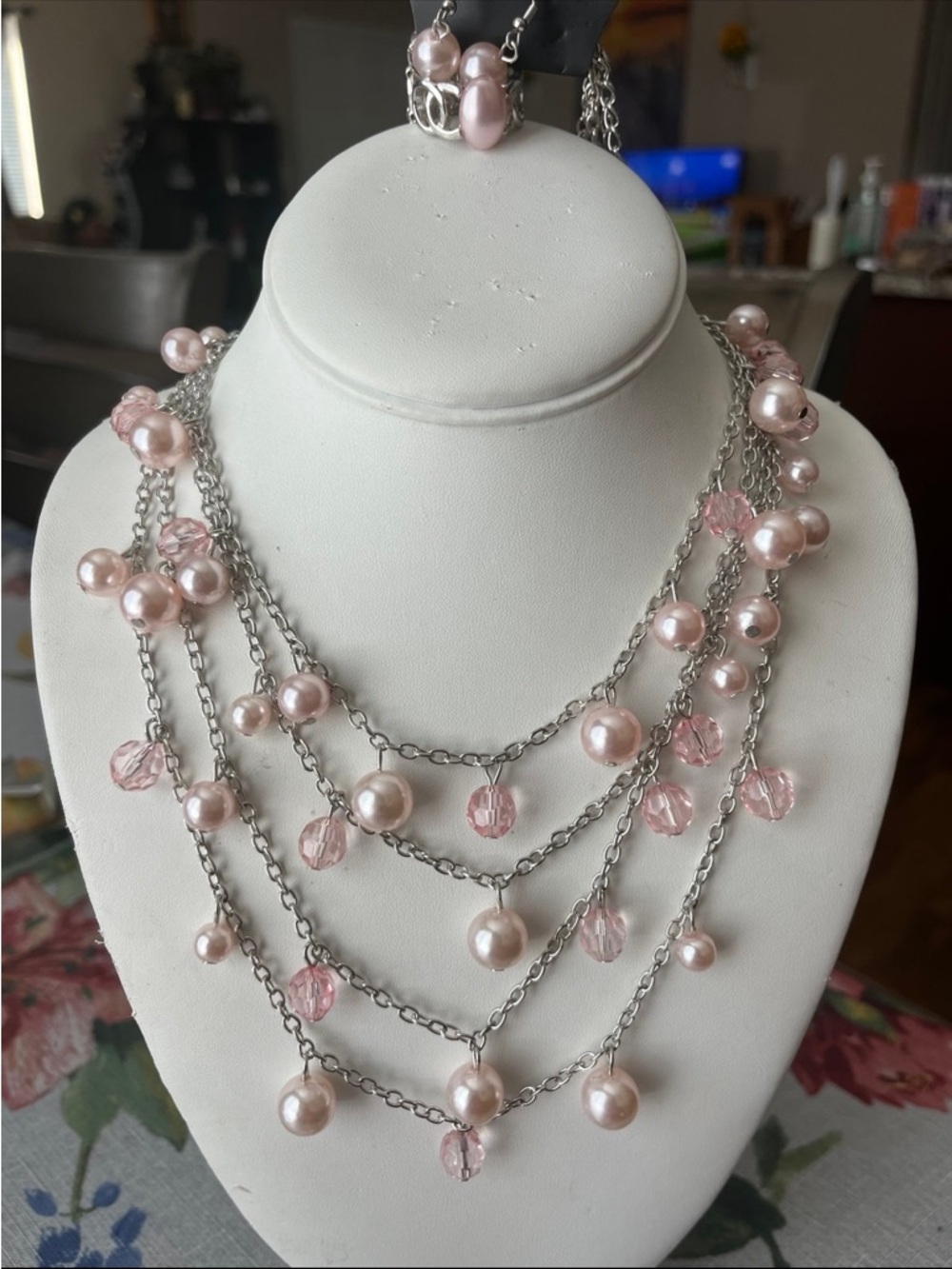 paparazzi Pink Pearl & Crystal Multi-Strand Necklace Set , necklace length 15 in